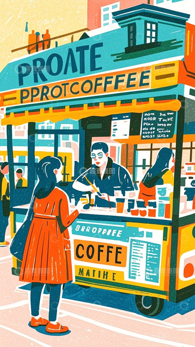 高清大图下载【趣麦麦图】城市街头咖啡车插画设计素材