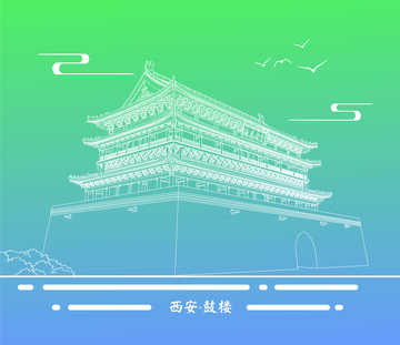 城市地标建筑线稿-鼓楼