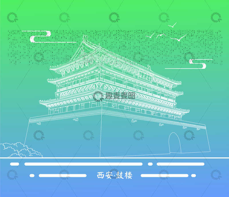 源文件下载【趣麦麦图】-城市地标建筑线稿-鼓楼