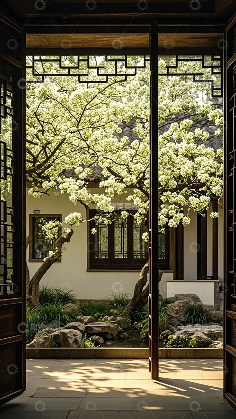 高清大图下载【趣麦麦图】古典园林梨花盛开景致