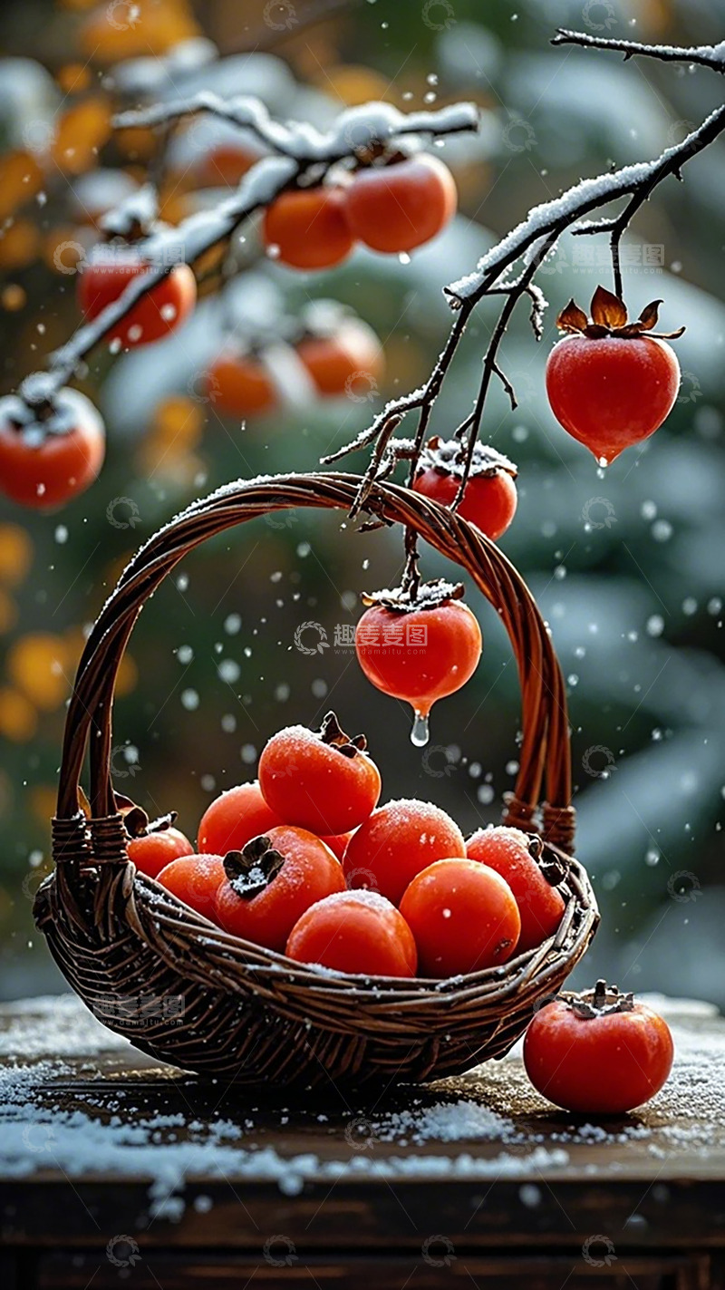 高清大图下载【趣麦麦图】雪柿映冬冬日