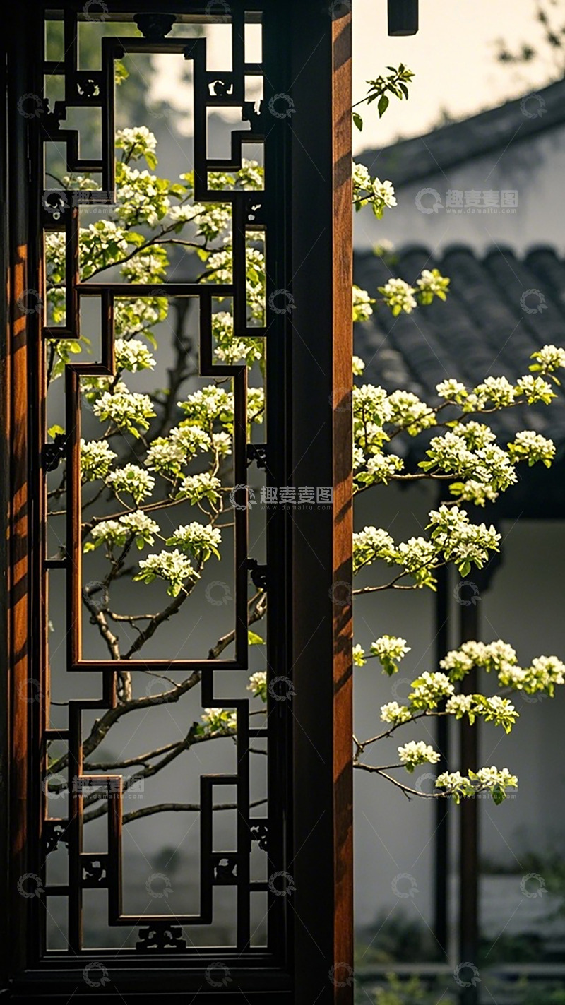 高清大图下载【趣麦麦图】古典窗棂梨花景
