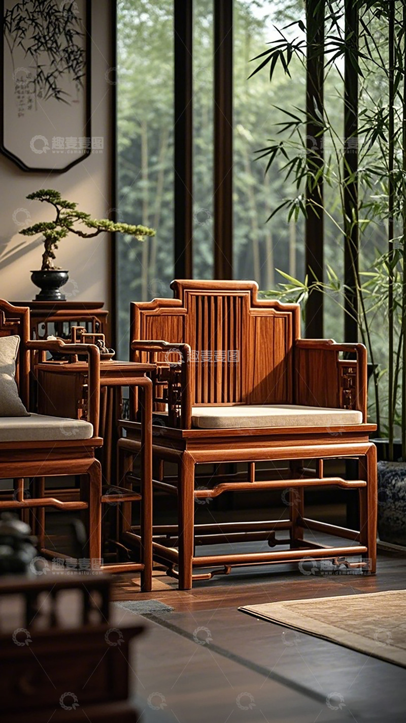 高清大图下载【趣麦麦图】中式风格客厅红木沙发盆景装饰