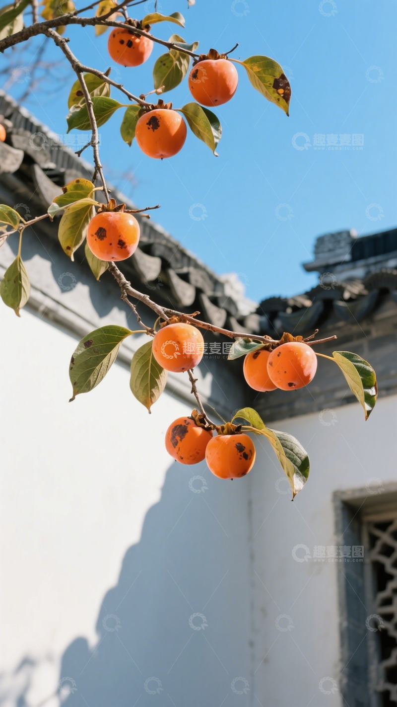 高清大图下载【趣麦麦图】-秋意柿香古建筑