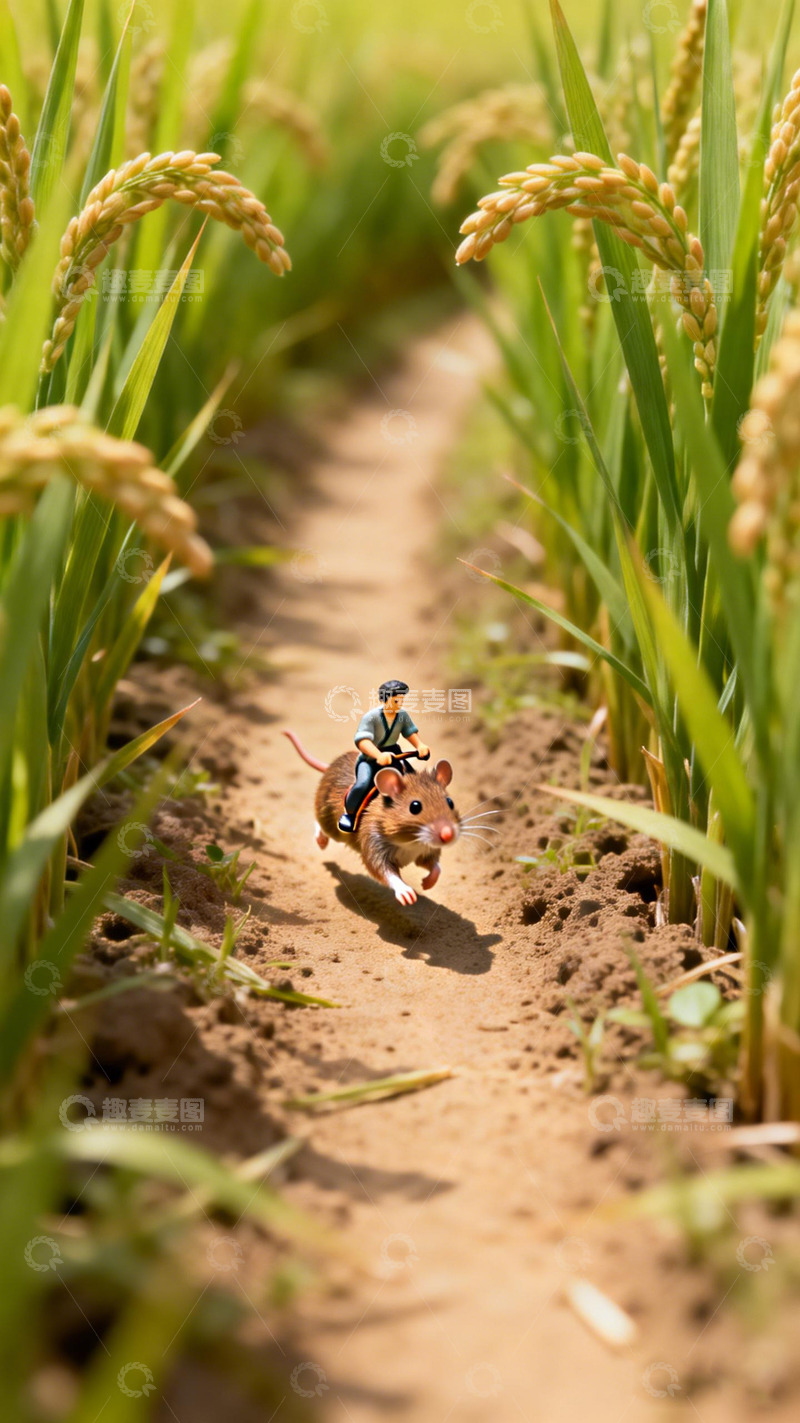 高清大图下载【趣麦麦图】稻田小径上奔跑的卡通老鼠