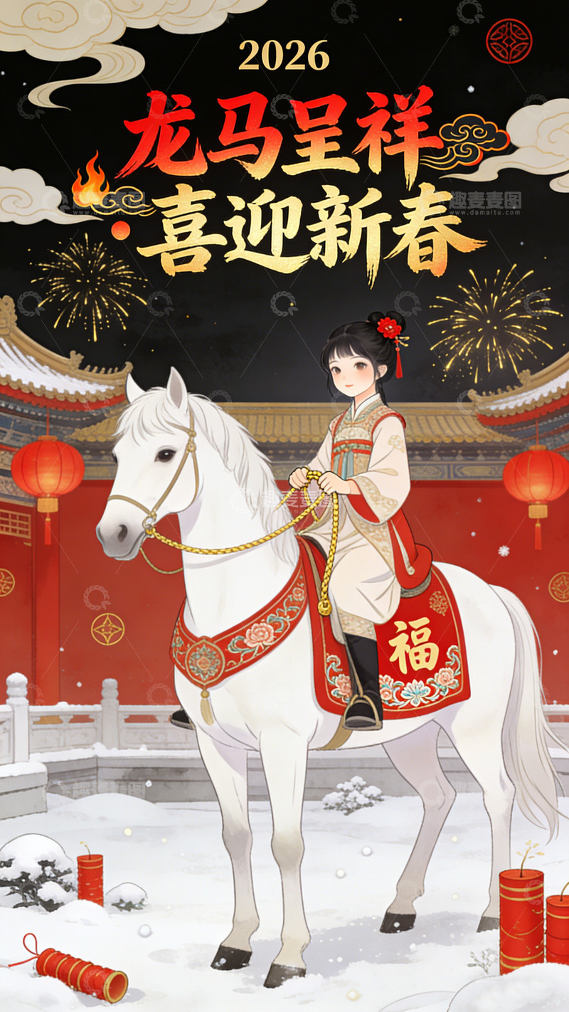 高清大图下载【趣麦麦图】2026龙马迎春喜庆年画