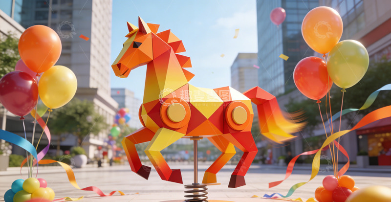 高清大图下载【趣麦麦图】折纸马彩球城市庆典场景
