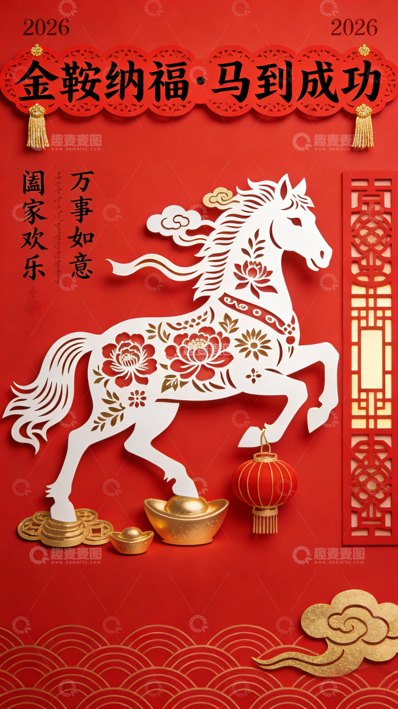 高清大图下载【趣麦麦图】-2026金鞍纳福马到成功贺卡设计