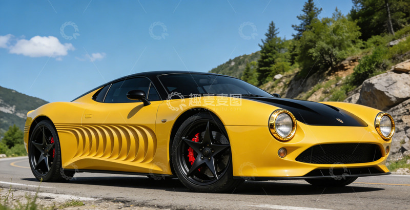 高清大图下载【趣麦麦图】黄跑车山景美景摄影