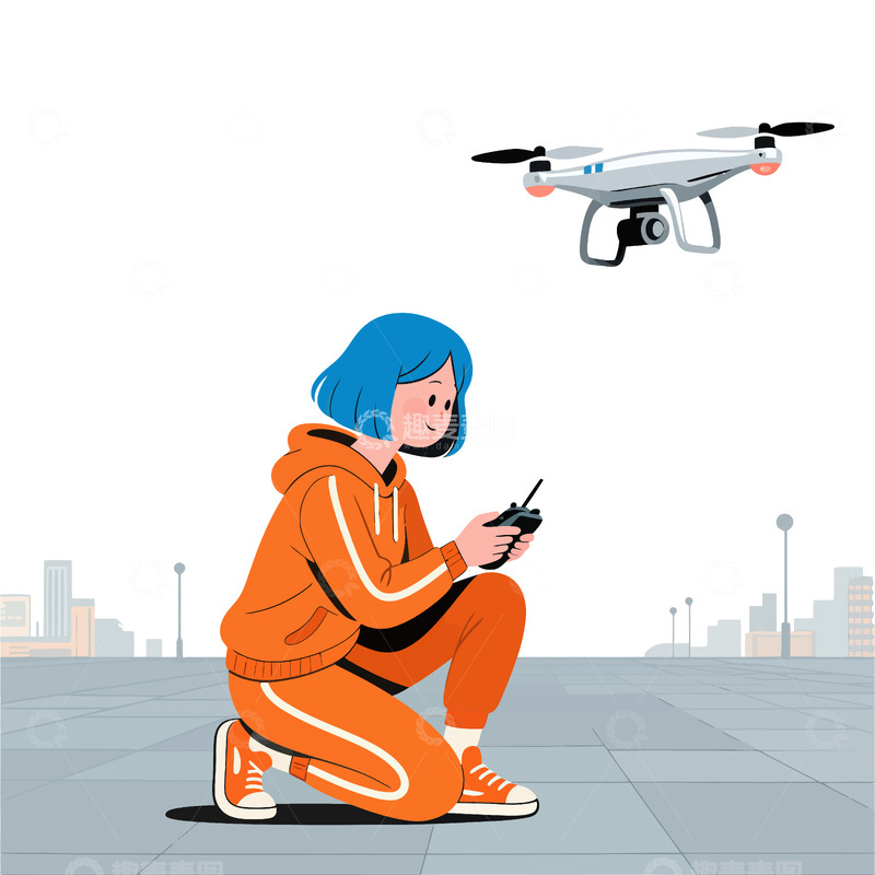 源文件下载【趣麦麦图】-卡通少女操控无人机插画