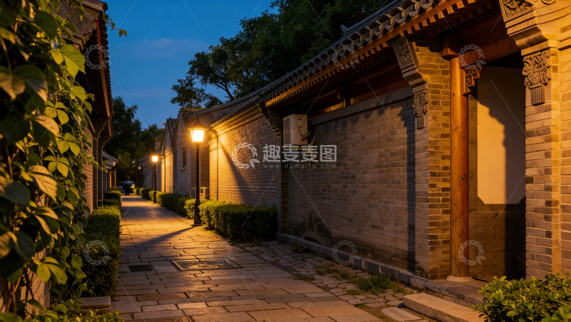 高清大图下载【趣麦麦图】老胡同夜灯亮灰墙衬着青瓦檐