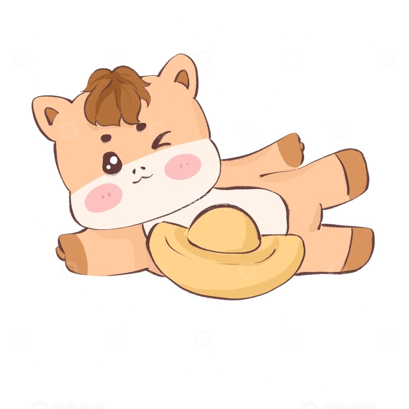 源文件下载【趣麦麦图】可爱卡通小马和元宝插画
