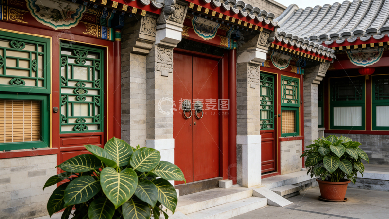 高清大图下载【趣麦麦图】四合院红门配花窗檐下绘彩画