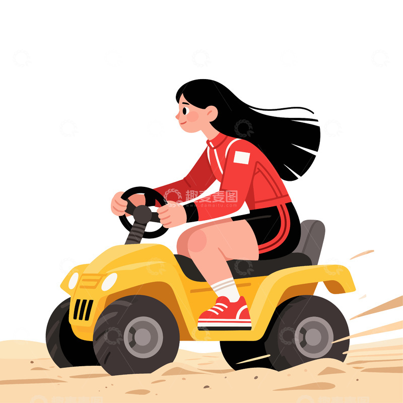源文件下载【趣麦麦图】卡通女性越野四轮车插画
