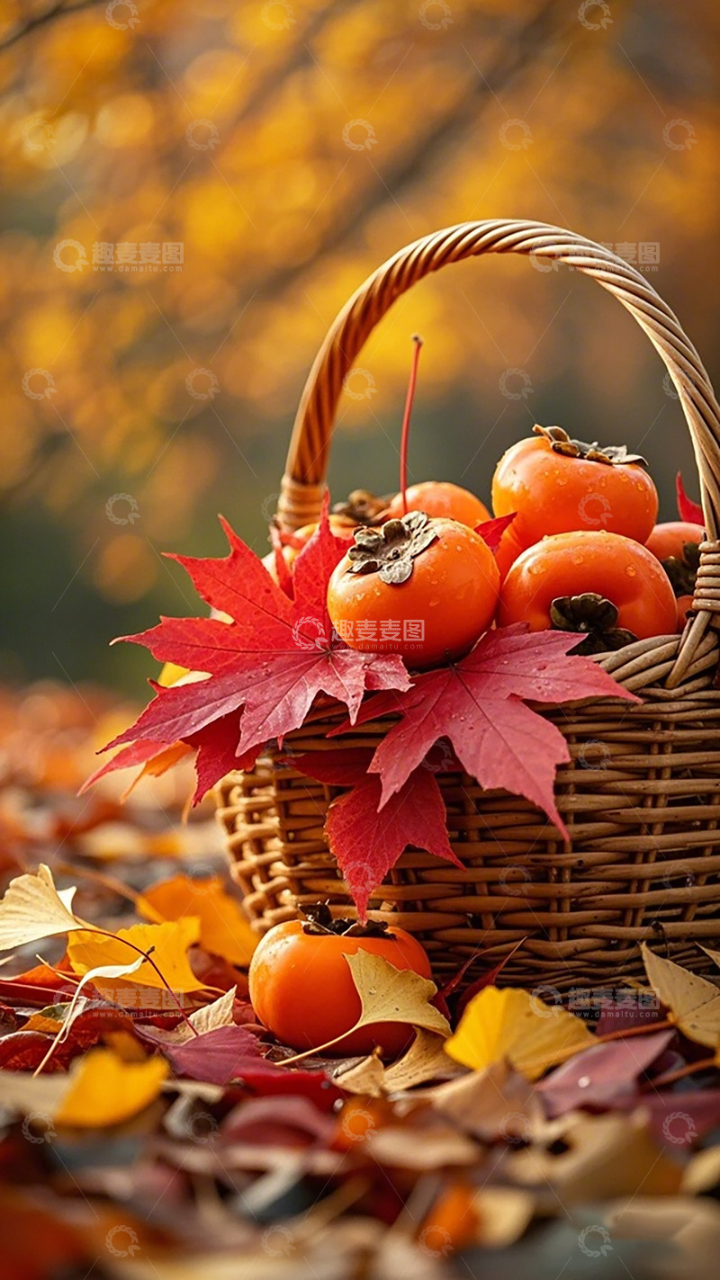 高清大图下载【趣麦麦图】秋日篮柿红叶景