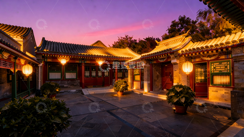 高清大图下载【趣麦麦图】四合院夜灯亮粉天衬古檐瓦