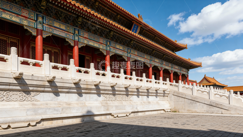 高清大图下载【趣麦麦图】故宫殿红柱彩檐衬蓝天白墙