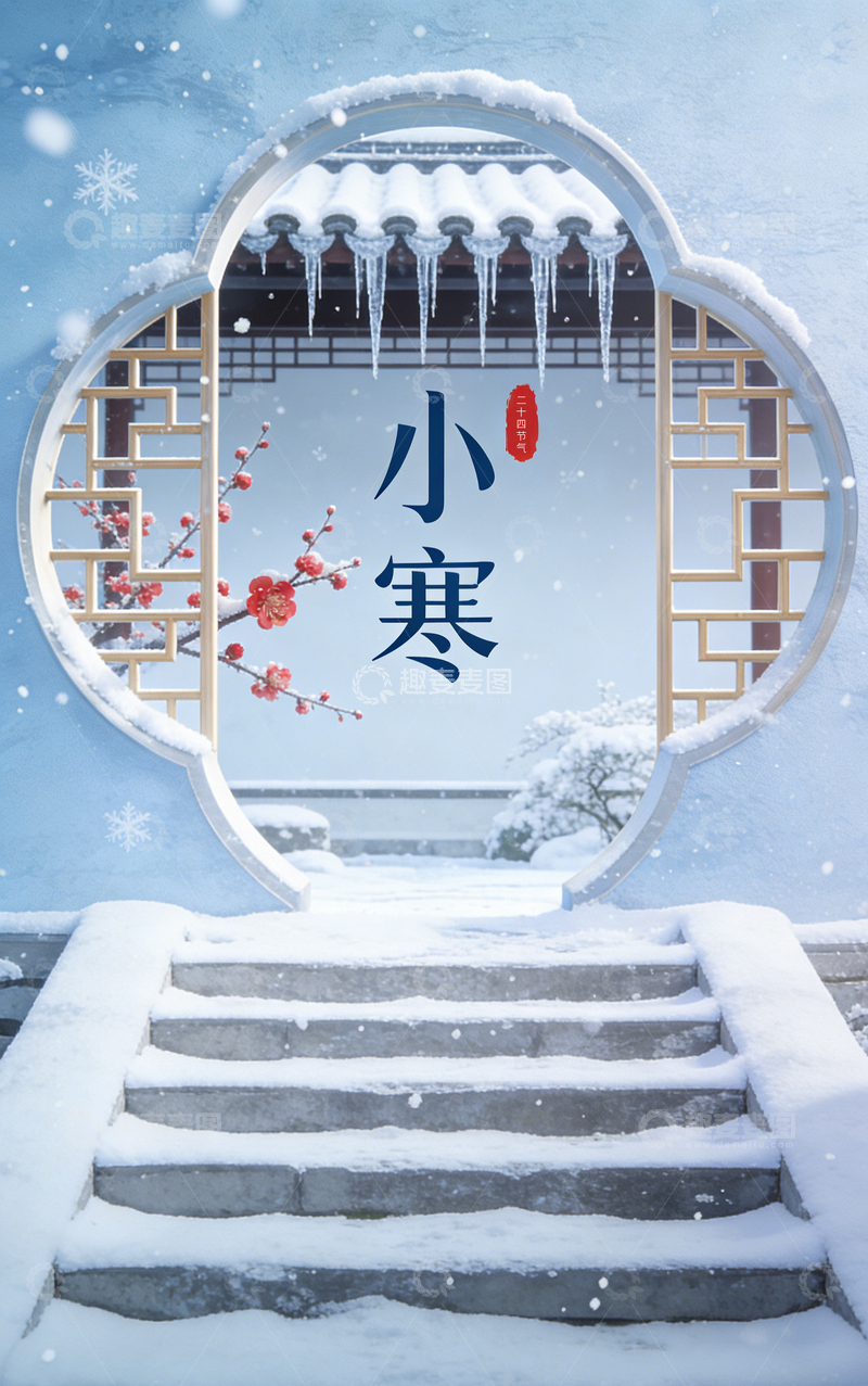 高清大图下载【趣麦麦图】雪景小寒中国传统建筑海报设计壁纸