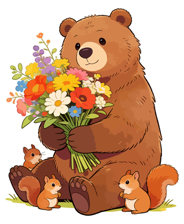 卡通熊抱花束插画素材