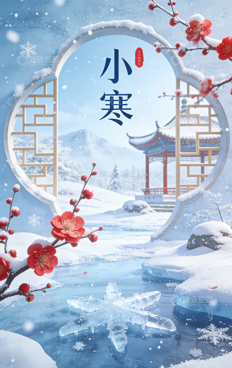 高清大图下载【趣麦麦图】小寒节气壁纸冬季雪景梅花古风海报