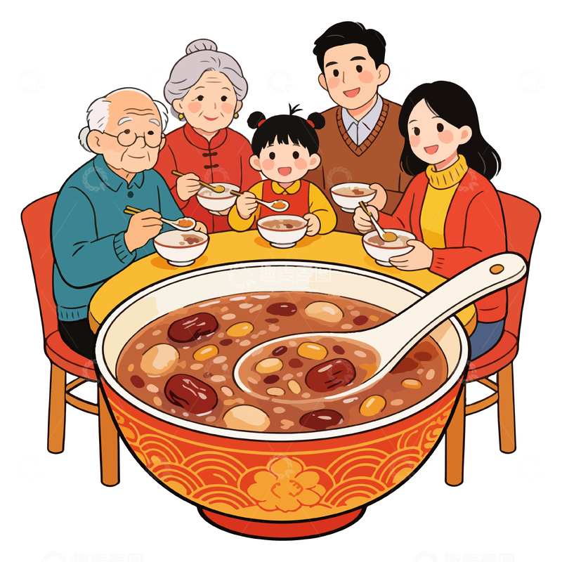 源文件下载【趣麦麦图】卡通风格家庭聚餐腊八粥插画素材