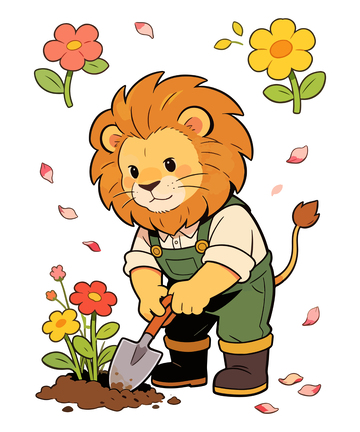 卡通狮子园艺插画