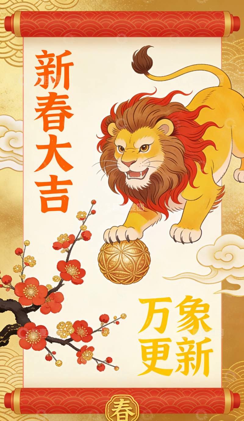 高清大图下载【趣麦麦图】-新春大吉狮子送福图