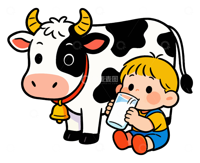 源文件下载【趣麦麦图】-卡通牛与小孩饮奶