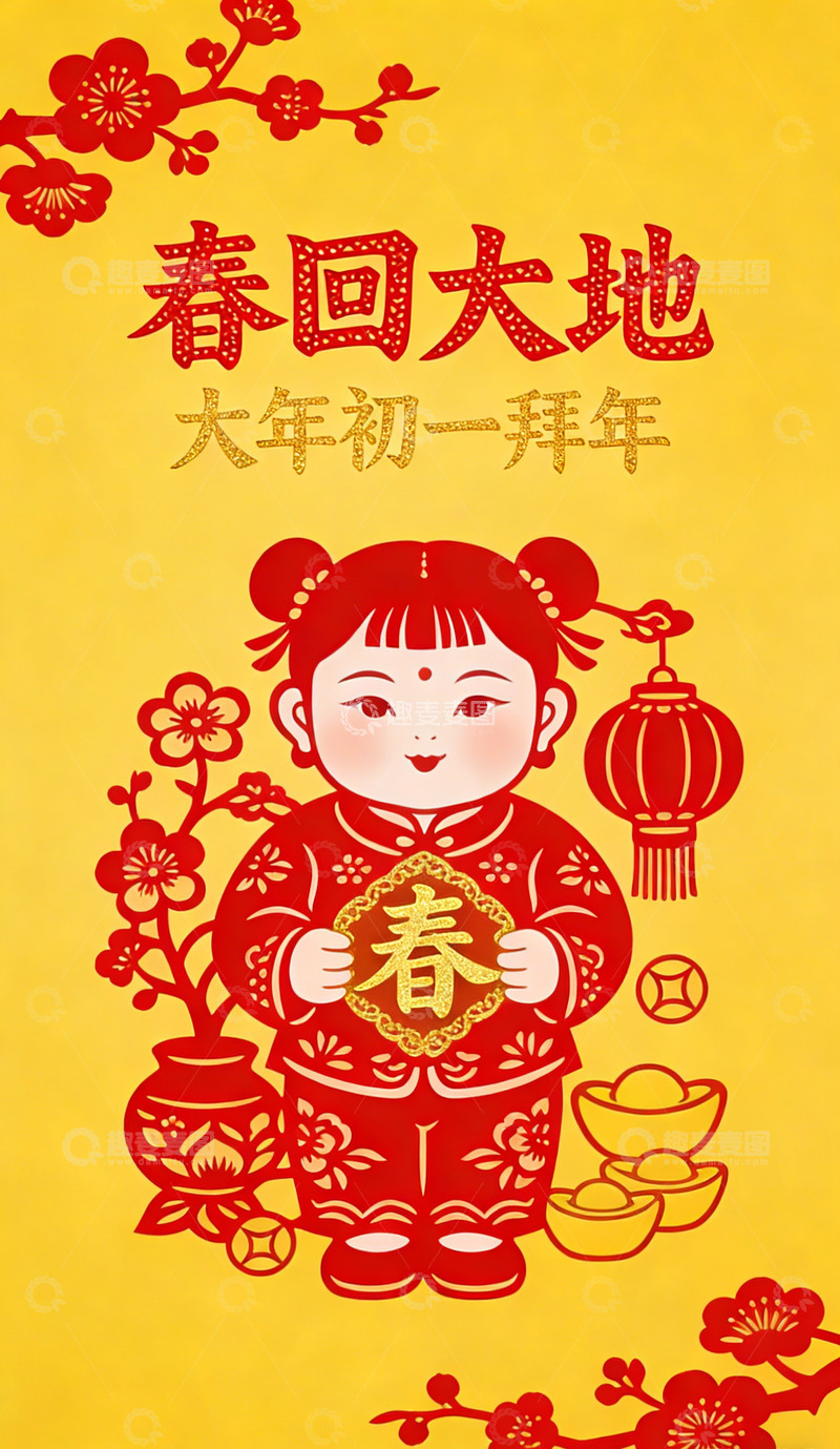 高清大图下载【趣麦麦图】春节拜年喜庆剪纸插画