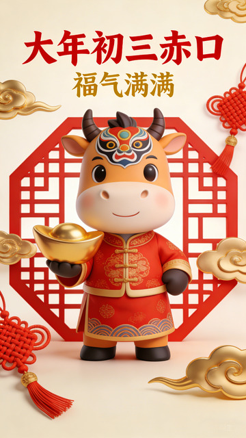 卡通牛年大年初三祝福图片赤口