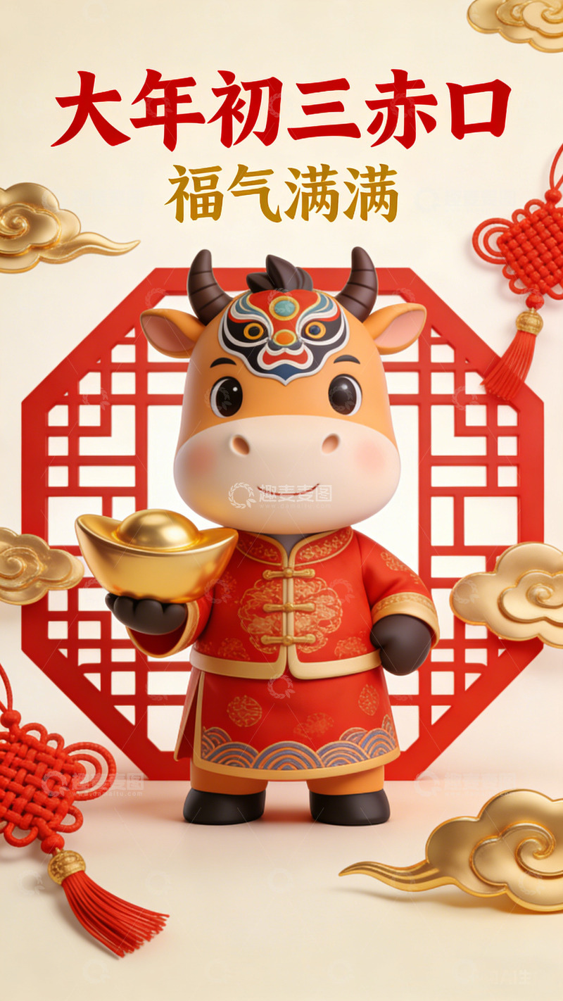 高清大图下载【趣麦麦图】-卡通牛年大年初三祝福图片赤口