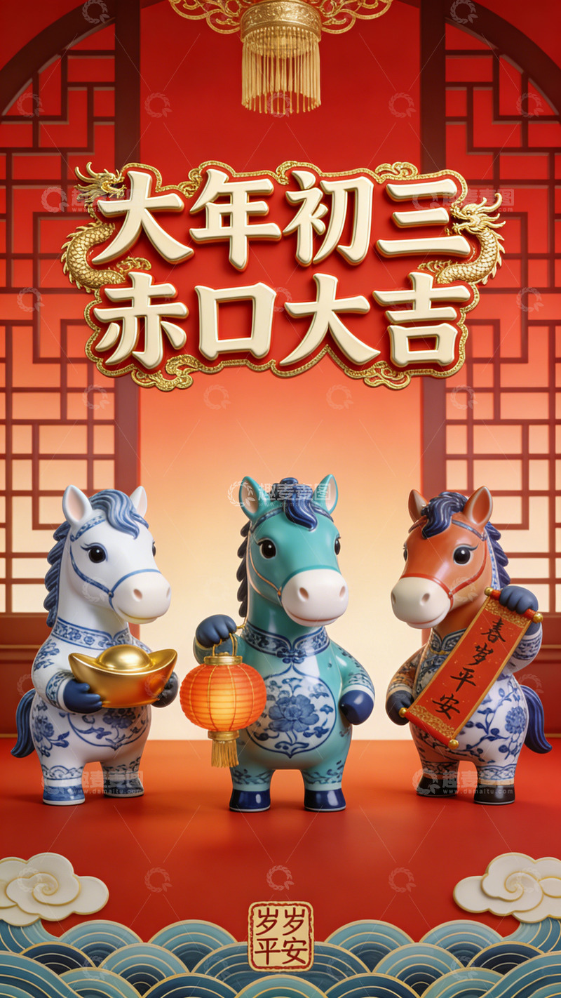 高清大图下载【趣麦麦图】-大年初三吉祥马儿装饰图赤口