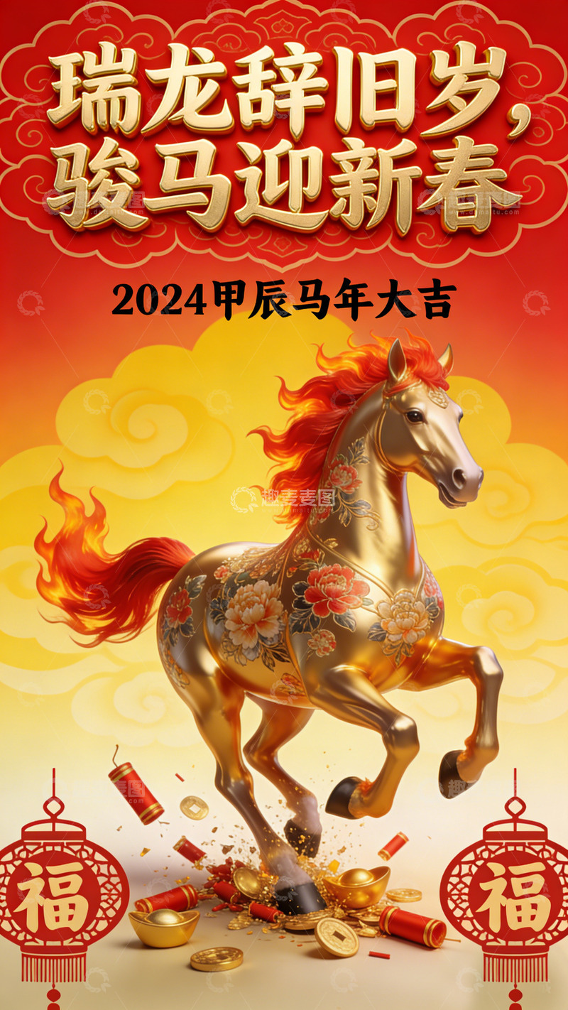 高清大图下载【趣麦麦图】春节瑞龙辞旧岁骏马迎新春海报