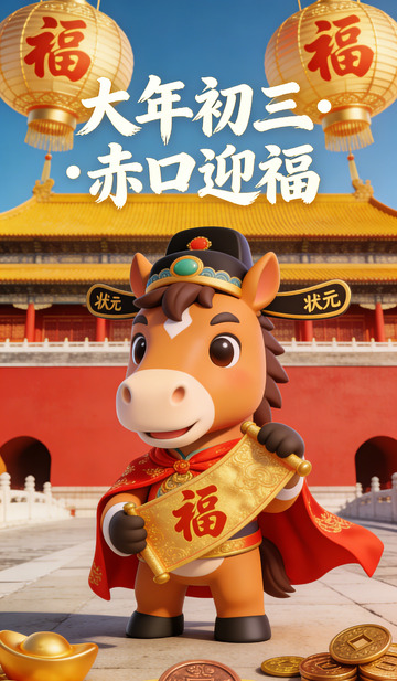 赤口卡通马迎福故宫喜庆海报
