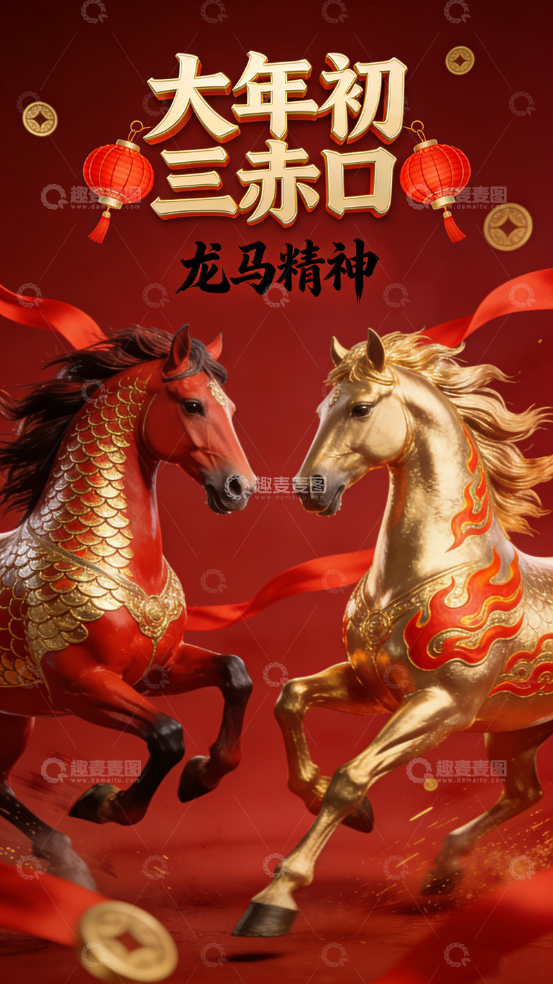 高清大图下载【趣麦麦图】-马年新春骏马喜庆海报设计大年初三