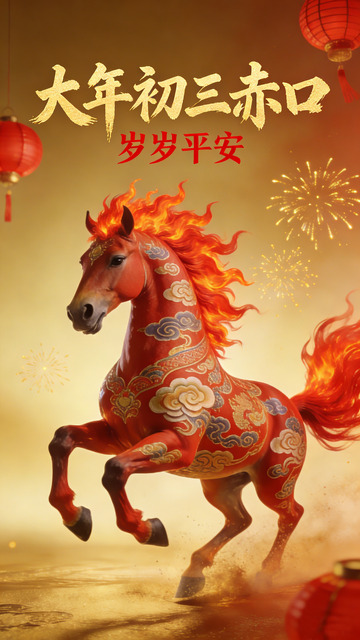 大年初三赤口火焰马春节祝福海报