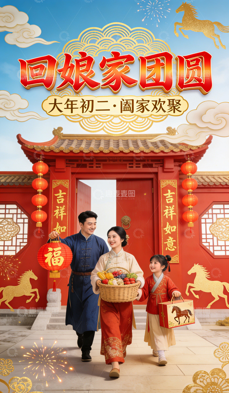 高清大图下载【趣麦麦图】大年初二喜庆中国风回娘家团圆海报