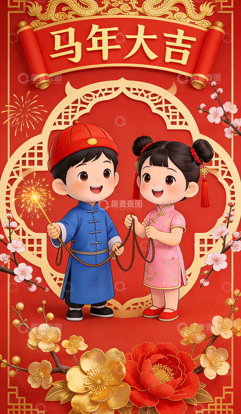 高清大图下载【趣麦麦图】马年大吉卡通人物喜庆海报设计素材