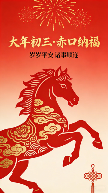 大年初三春节马踏祥云剪纸艺术赤口