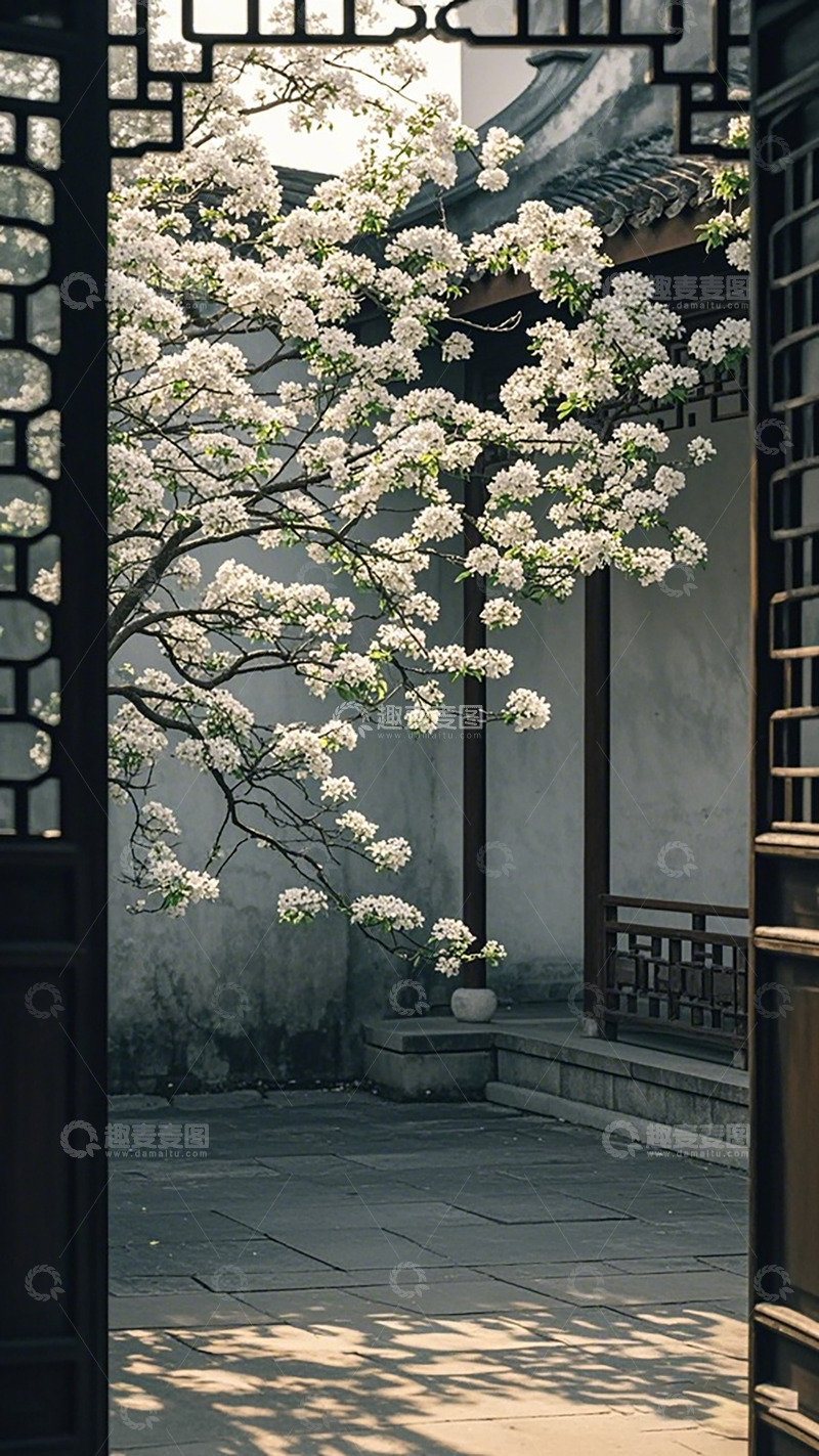 高清大图下载【趣麦麦图】古典庭院梨花盛开