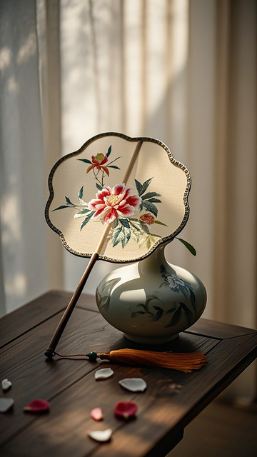 东方雅致扇子与花瓶摆设