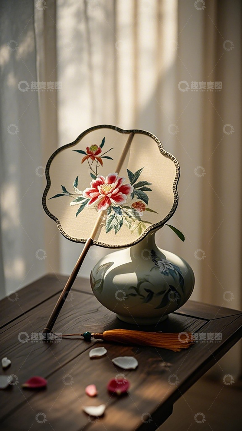 高清大图下载【趣麦麦图】东方雅致扇子与花瓶摆设
