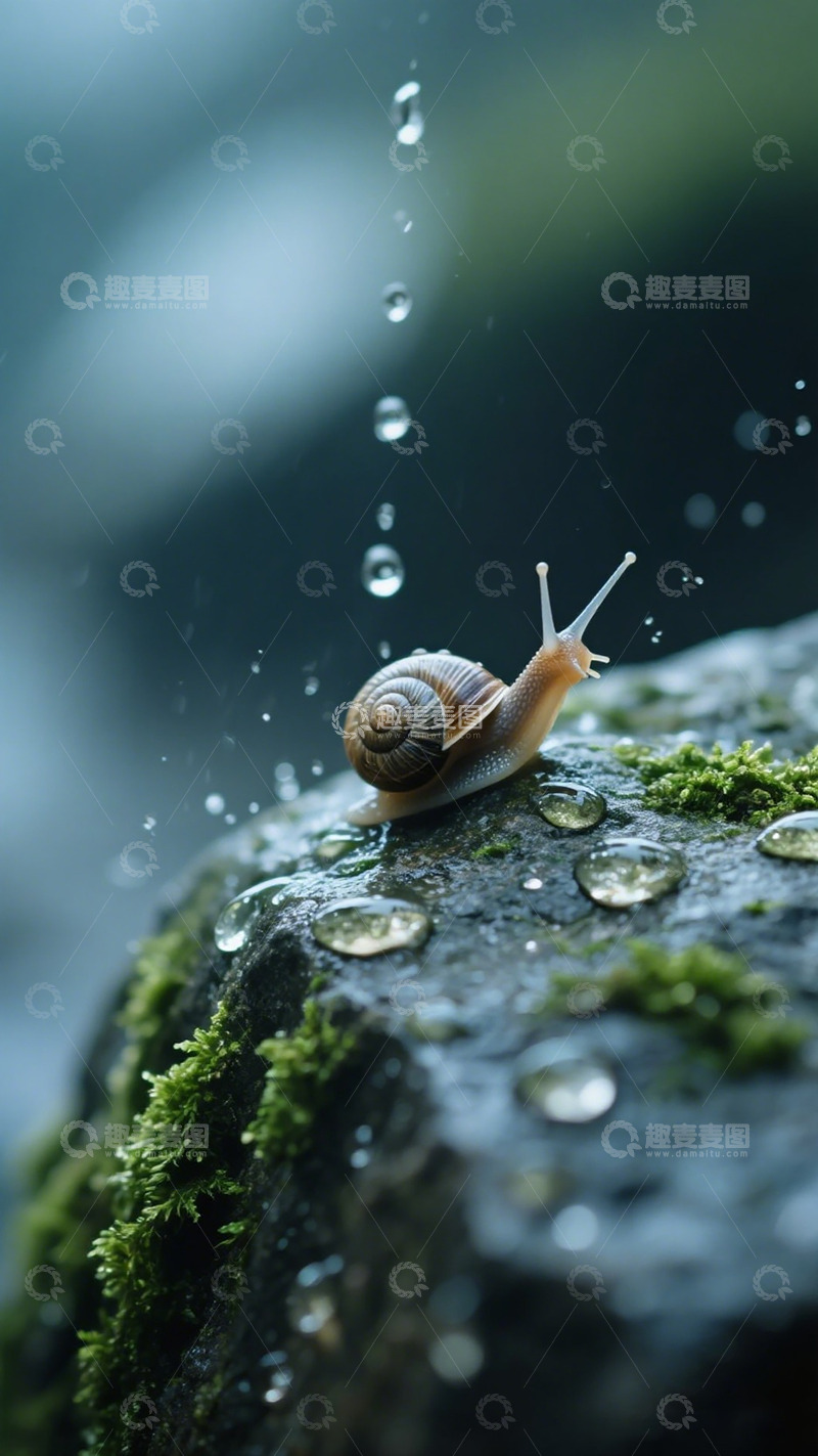高清大图下载【趣麦麦图】雨后蜗牛苔藓特写