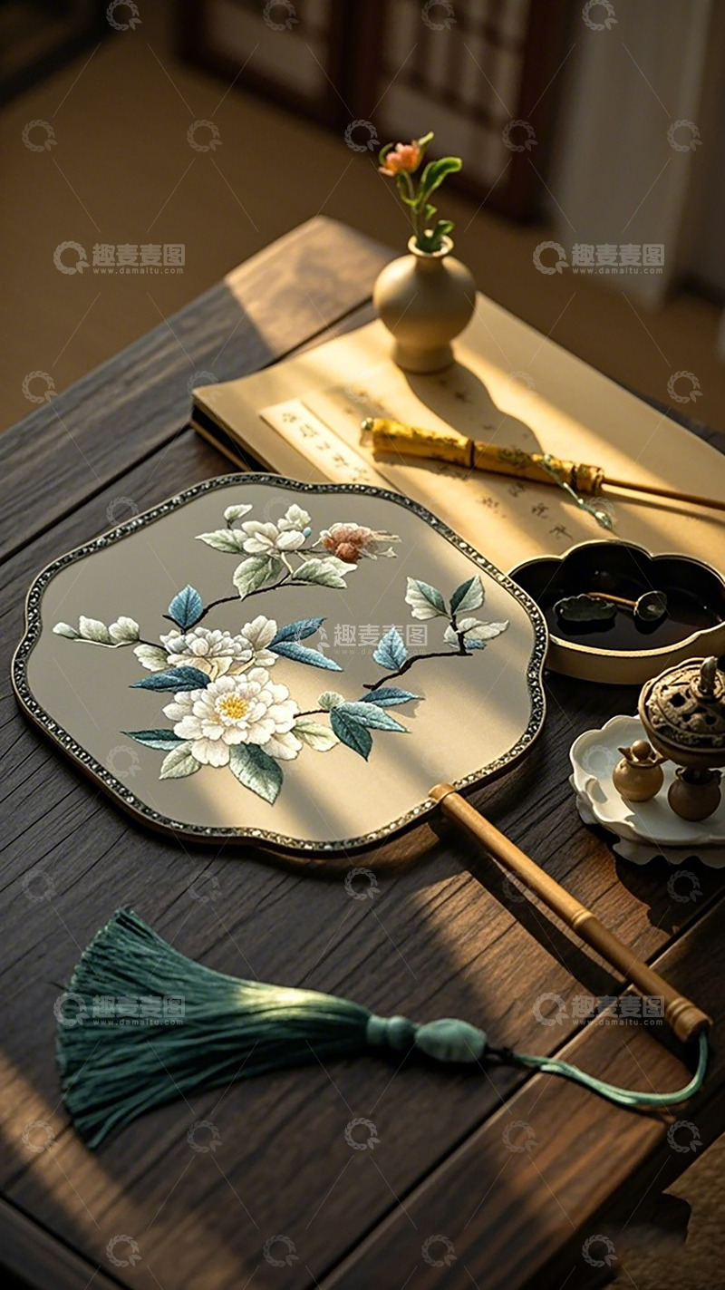 高清大图下载【趣麦麦图】古风刺绣团扇茶具雅置