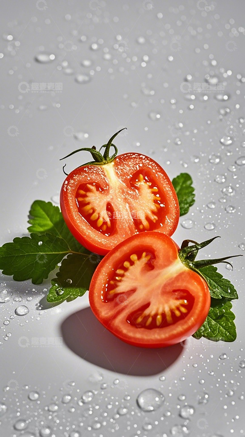 高清大图下载【趣麦麦图】清新番茄绿叶水滴静物摄影