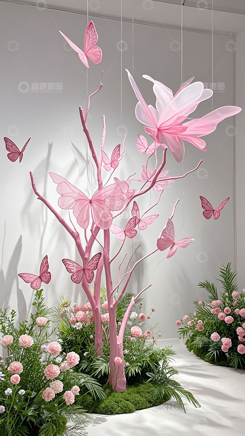高清大图下载【趣麦麦图】梦幻粉色花卉蝴蝶装置艺术