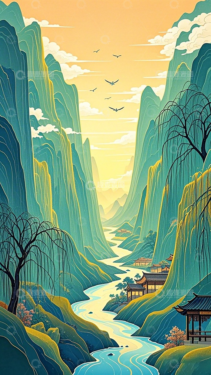 高清大图下载【趣麦麦图】山水风景插画装饰画