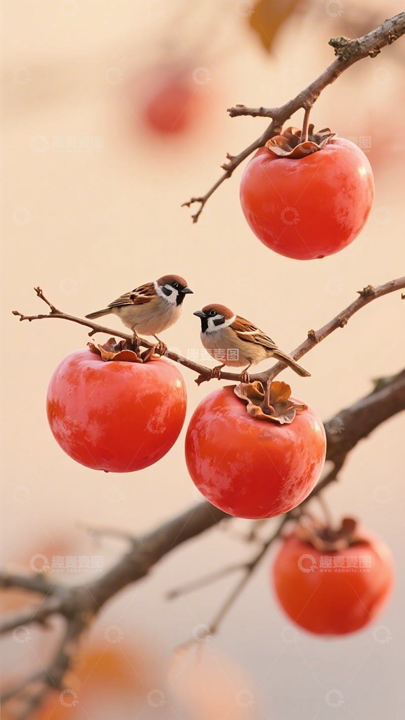 高清大图下载【趣麦麦图】柿子小鸟秋日风景