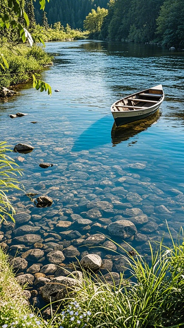 静谧河畔小船风景画