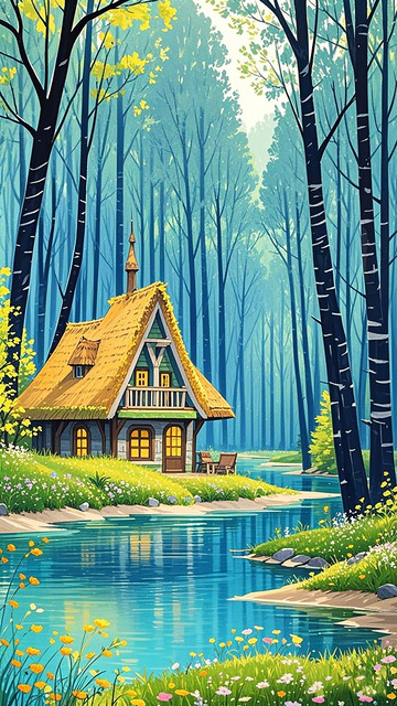 森林湖畔童话小屋卡通插画